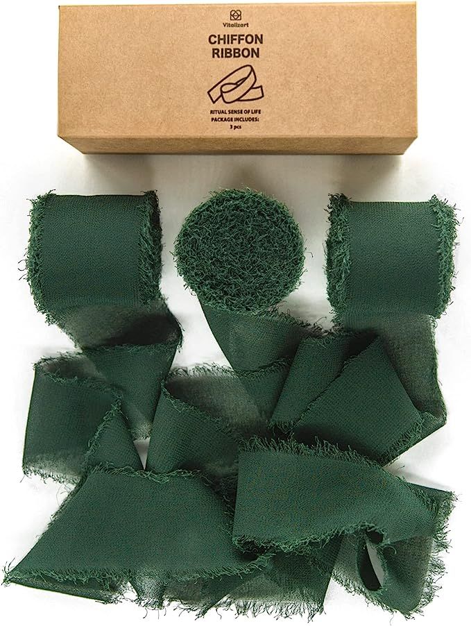 Vitalizart 3 Rolls Handmade Fringe Chiffon Silk Ribbon 1.5" x 7Yd Dark Green Ribbons Set for Wedd... | Amazon (US)