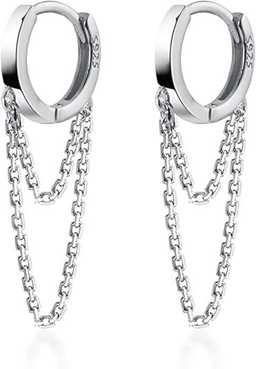 Reffeer Solid 925 Sterling Silver Tassel Chain Drop Dangle Small Hoop Earrings Huggie for Women T... | Amazon (US)