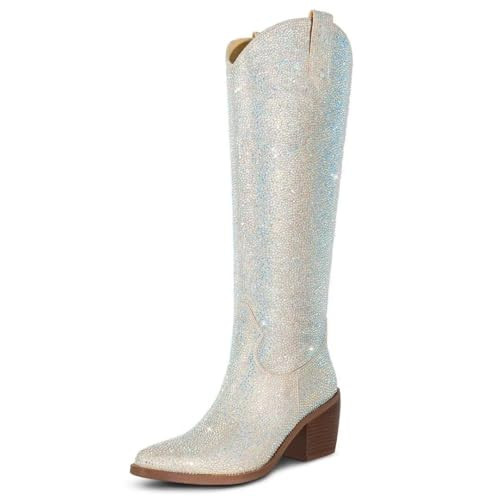 wetkiss Rhinestone Cowboy Boots for Women Rhinestone Cowgirl Boots for Women Silver Cowboy Boots Western Boots Women Sparkly Cowgirl Boots Knee High Cowboy Cowgirl Costume for Women | Amazon (US)