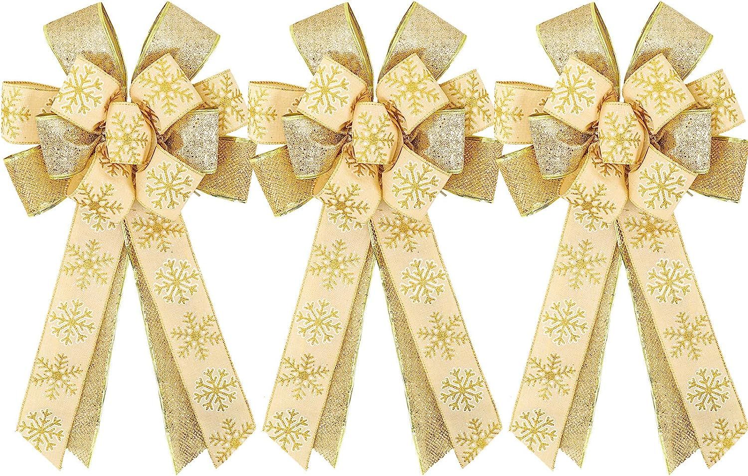 Whaline 3Pcs Christmas Bow Tree Topper Gold Xmas Large Bow with Snowflakes Glitter Handmade Decor... | Amazon (US)