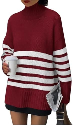 PRETTYGARDEN Women Oversized Striped Turtleneck Sweater 2025 Fall Fashion Long Sleeve Pullover Wi... | Amazon (US)