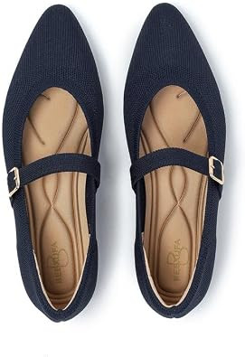Women's Pointed Toe Knit Mary Jane Ballet Flats for Office Casual Wear Stretchy Dressy Slip-On Shoes with Arch Support | Amazon (US)