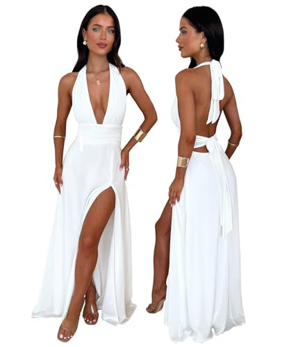 Amazon.com: XinFSh Women's Halter V Neck Wedding Guest Maxi Dress Sexy High Slit Bow Tie Beach Va... | Amazon (US)