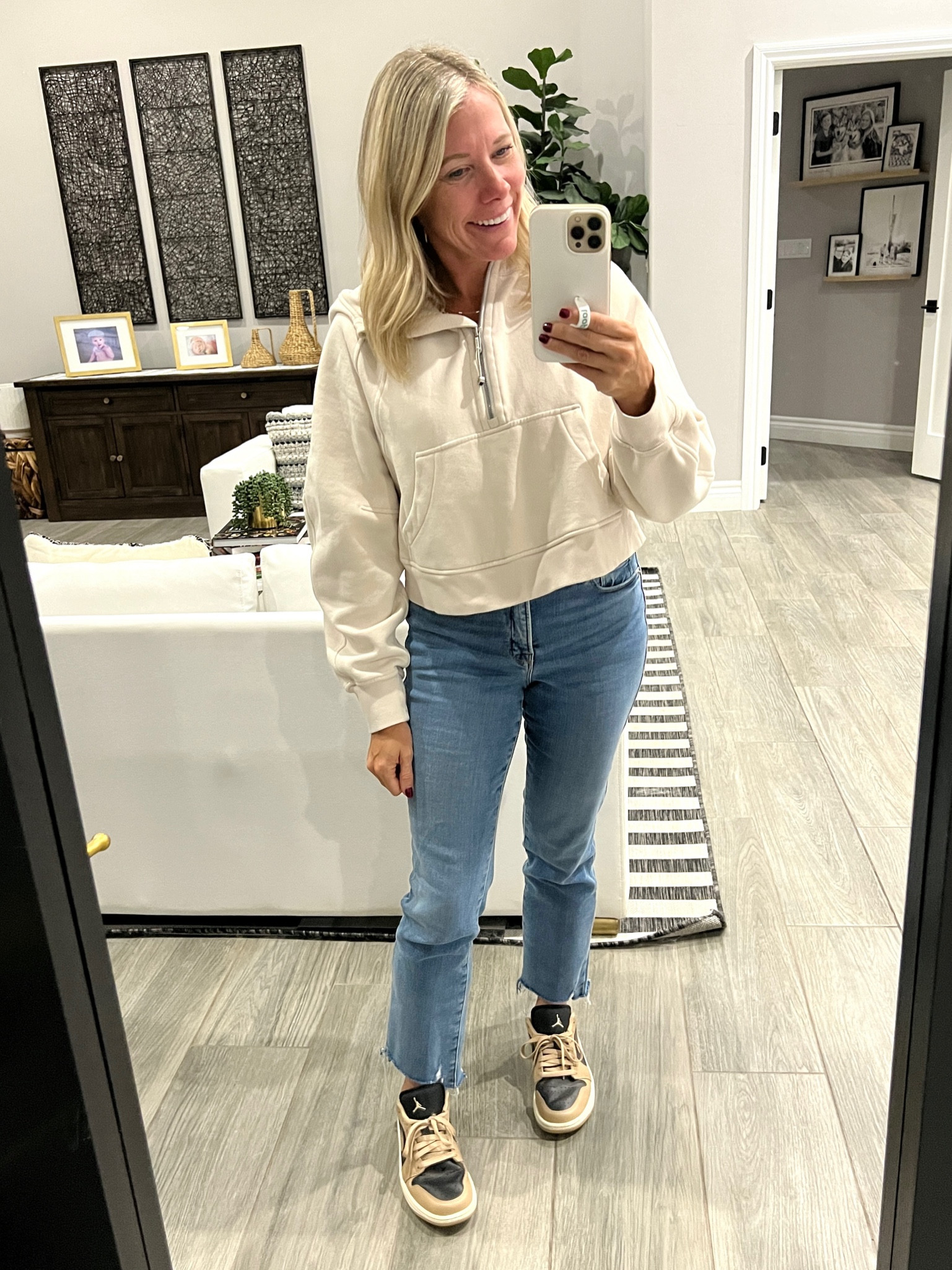 Lululemon scuba hoodie in bone with straight leg good American jeans and beige black air Jordan sneakers. XS/S pullover and 0/25 jeans (size down one). Casual everyday outfit 

#LTKshoecrush #LTKSeasonal #LTKstyletip