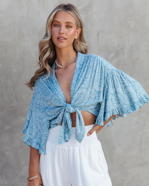 Coastal Waves Printed Front Tie Top - Blue - FINAL SALE | VICI