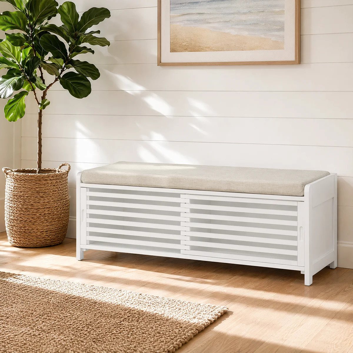 Rustic Entryway Storage Bench With Cushion - Shutter Door Organizer For Shoes And Accessories | Wayfair North America