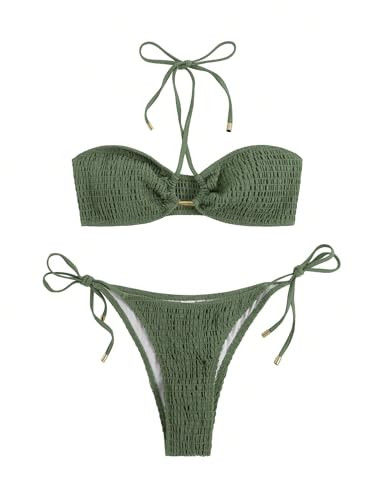 SweatyRocks Women's 2 Piece Bathing Suit Ribbed Tie Side Halter Bikini Swimsuit Army Green X-Small | Amazon (US)