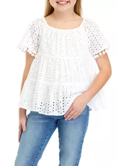 Crown & Ivy™ Girls 7-16 Eyelet Tiered Pom Trim Top | Belk