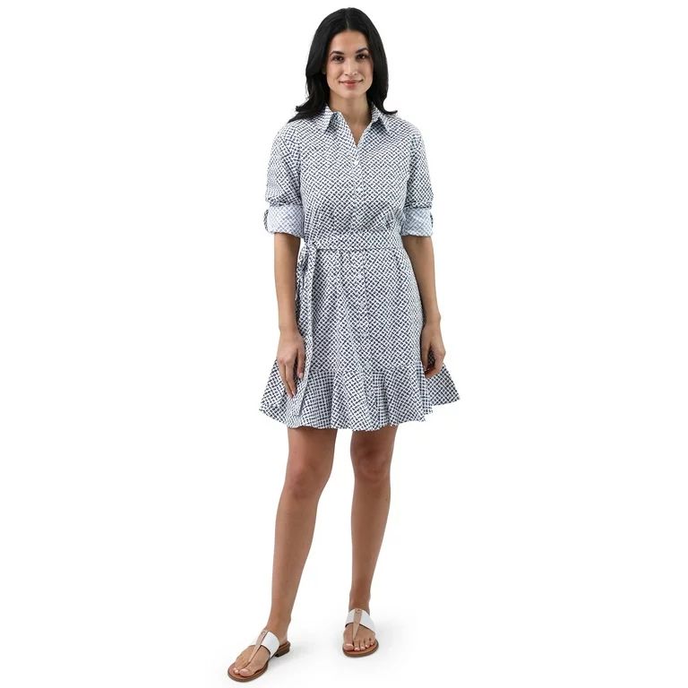 Chaps Women's Roll Cuff Button Down Poplin Dress with Belt | Walmart (US)