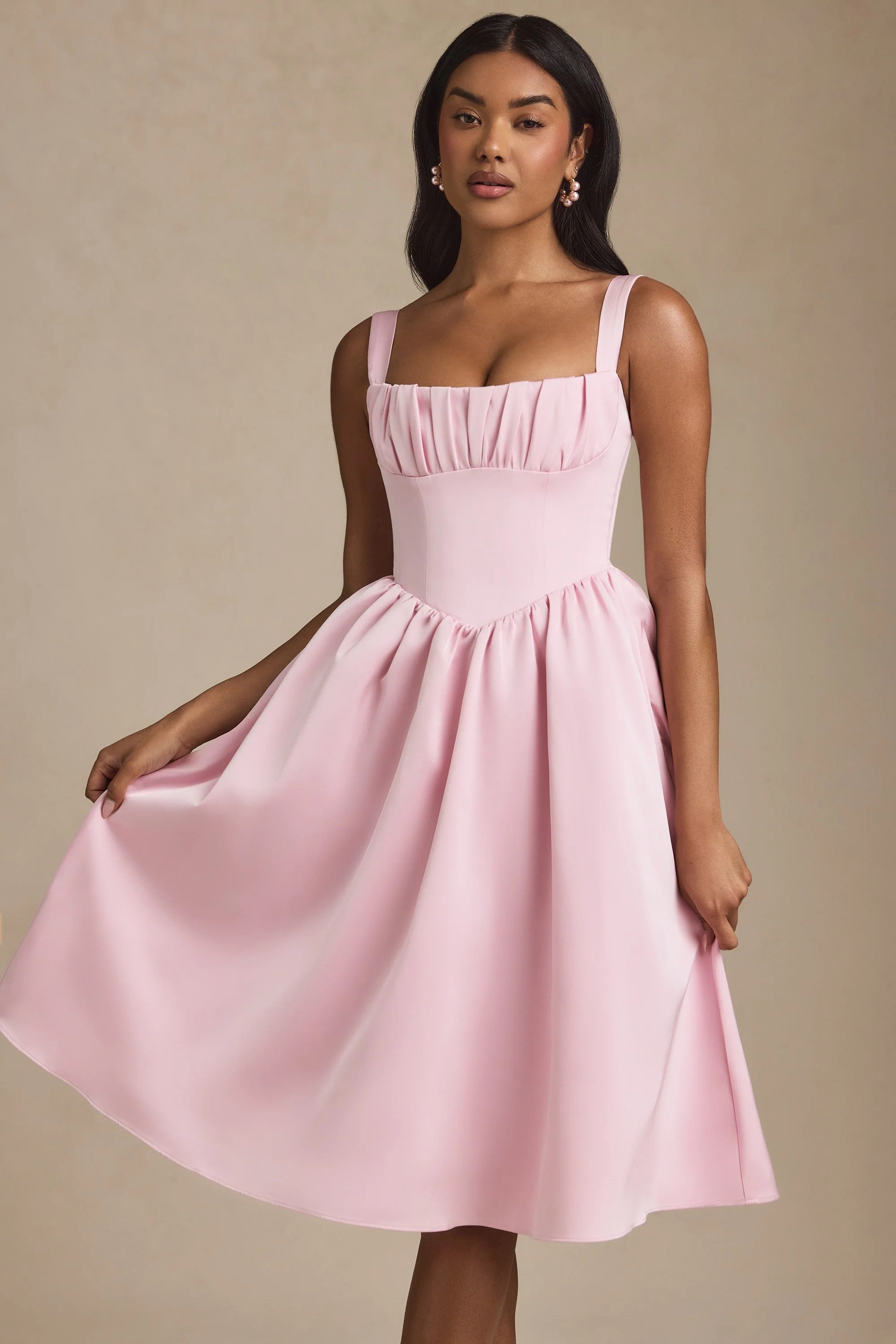 Draped Corset Midaxi Dress in Blush | Oh Polly