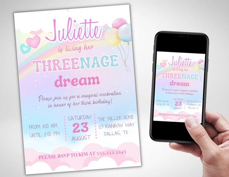 Threenage Dream Invitation, Third Birthday Invite, Threenager invite, Girl 3rd Birthday invitatio... | Etsy (US)