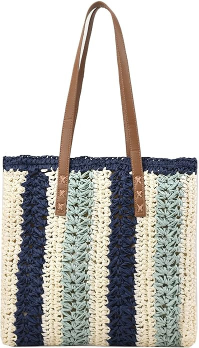 Striped Straw Tote Bags For Women, Summer Straw Purse Beach Woven Purses Vacation Large Summer Ha... | Amazon (US)