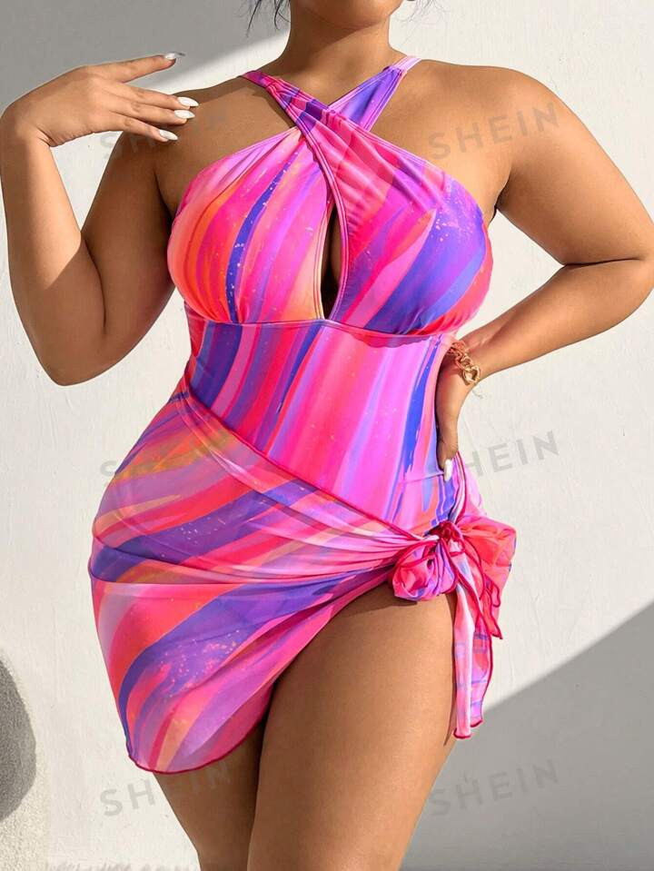 SHEIN Swim Curve Plus Size Women'S Color-Blocking Striped One-Piece Swimsuit | SHEIN
