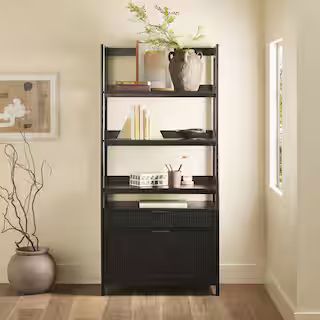 Modern 70 in. Tall Black Wood 4-Shelf Bookcase with Reeded Drawer Fronts and Open Back | The Home Depot