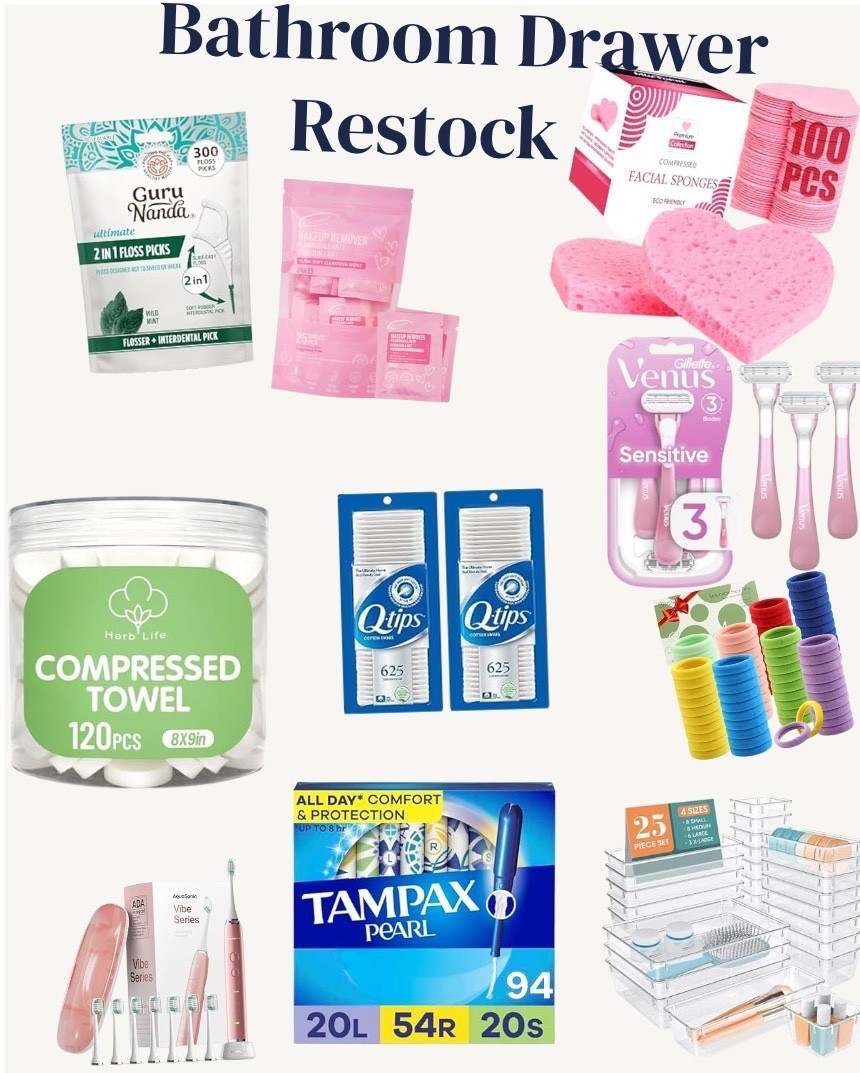 Bathroom Drawer Restock Essentials 🪞✨

Time for a bathroom restock! 🚪 Keeping drawers stocked with everyday bathroom essentials makes life so much easier. I grabbed all my must-haves in one go — perfect for a bathroom organization refresh.

Shop these bathroom drawer organization and restock essentials:
✔️ Floss picks for easy daily dental care
✔️ Compressed towels & facial sponges for skincare routines
✔️ Razors for smooth skin (sensitive-friendly!)
✔️ Q-tips for makeup + everyday use
✔️ Tampons & feminine care products for peace of mind
✔️ Drawer organizers to keep everything neat and accessible
✔️ Elastic hair ties that don’t snag

✨ If you love restock videos, this is the perfect roundup of bathroom must-haves to keep your space functional + organized.

#LTKFindsUnder100 #LTKHome #LTKFindsUnder50
