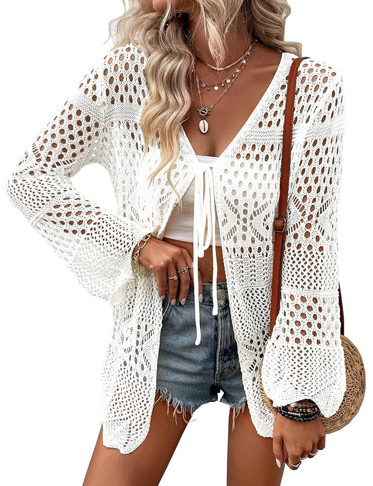 Women Crochet Cardigan Lightweight Tie Front Hollow Out Long Sleeves Summer Knit Cover Cardigans | Amazon (US)
