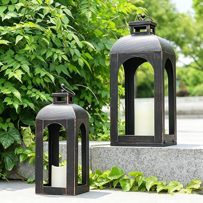 LED Lantern Decorative Outdoor&Indoor, Set of 2 (17’’&13’’) Black Metal Lanterns Decor, V... | Amazon (US)