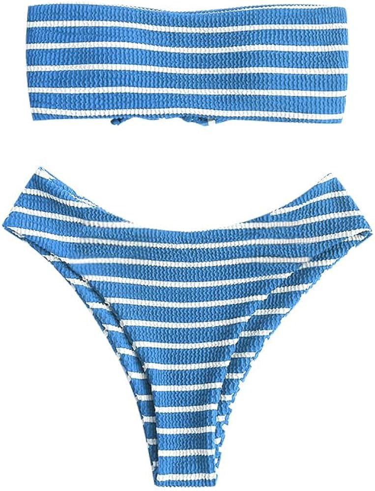 ZAFUL Women Strapless Ribbed High Cut Bandeau Bikini Lace Up 2 Pieces Swimwear | Amazon (US)