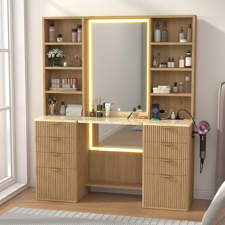 47.2” Fluted Makeup Vanity Desk with 38” Mirror and Lights, Modern Tall Vanity Table with Det... | Amazon (US)