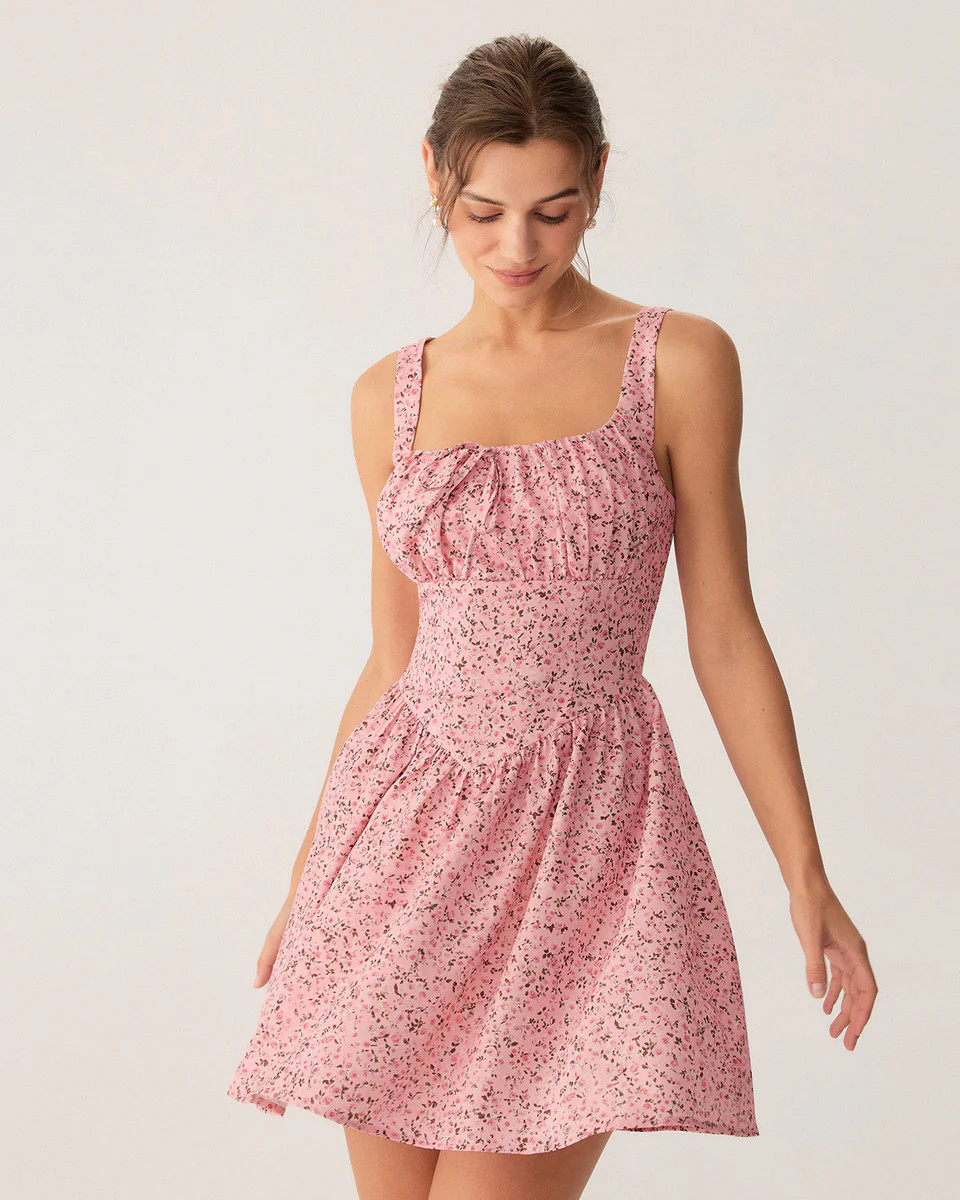 Pink Floral Ruched Corset Slip Mini Dress | rihoas.com