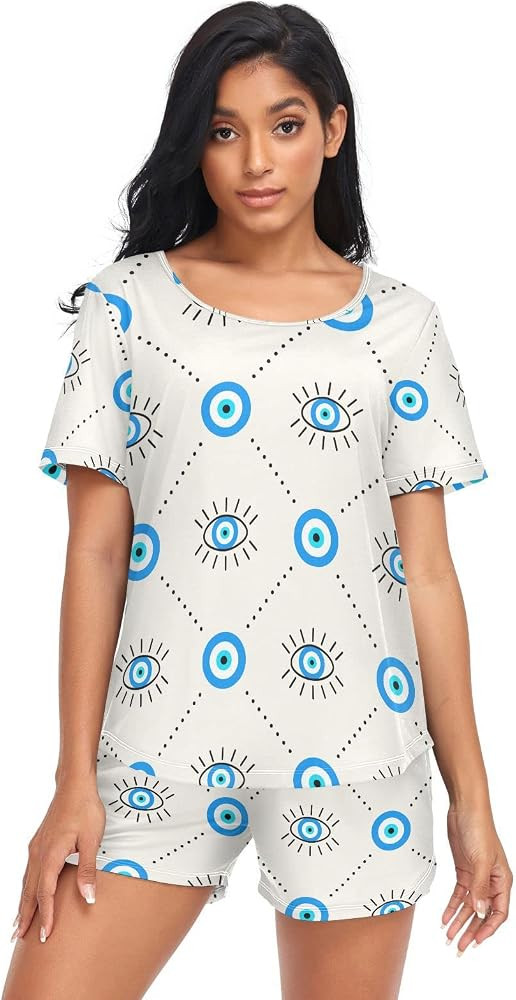 Evil Eye Magic Blue Pajama Sets for Women Short Sleeves Loungewear Sleepwear PJ Sets Funny S | Amazon (US)