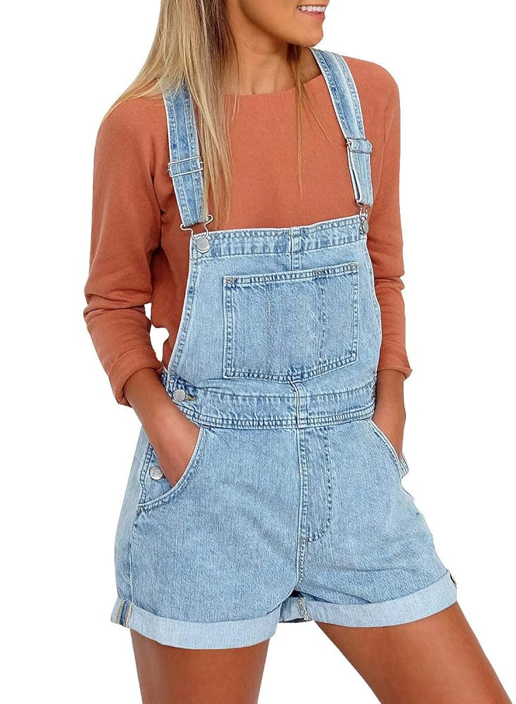 luvamia Women's Casual Adjustable Strap Cuffed Hem Denim Bib Overalls Shorts Romper | Amazon (US)