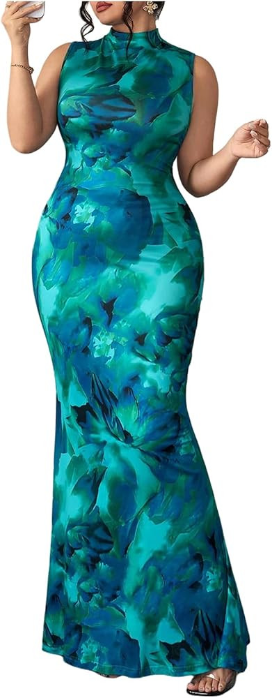 GORGLITTER Women's Plus Size Wedding Guest Dresses Sleeveless Mock Neck Floral Ruched Cocktail Bo... | Amazon (US)