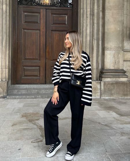 Can’t go wrong with a Monochrome Spring Look, black and white striped jumper styled with wide black tailored trousers, platform black converse and Celine Triomphe black bag 

#LTKSpringSale #LTKSeasonal #LTKstyletip