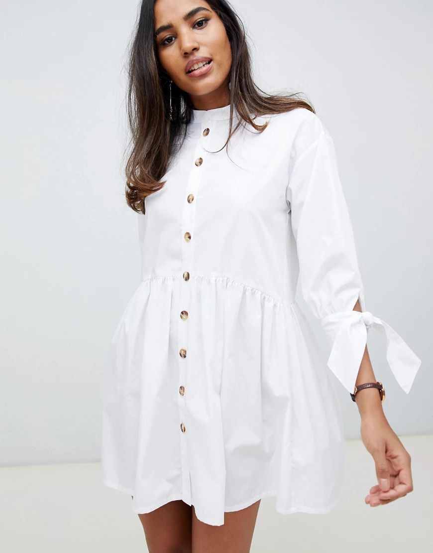 ASOS DESIGN grandad collar button through mini smock dress with tie sleeve in white | ASOS (Global)