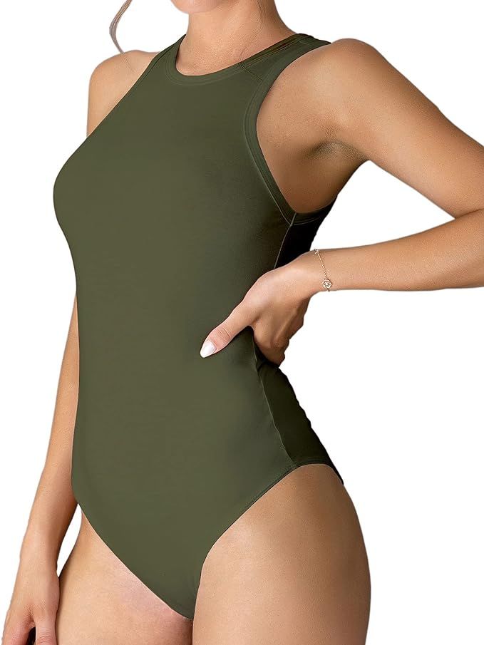 MANGDIUP Womens Basic Sleeveless Crewneck Bodysuits Slim Fit Stretch Cotton Tank Tops Halter Jump... | Amazon (US)