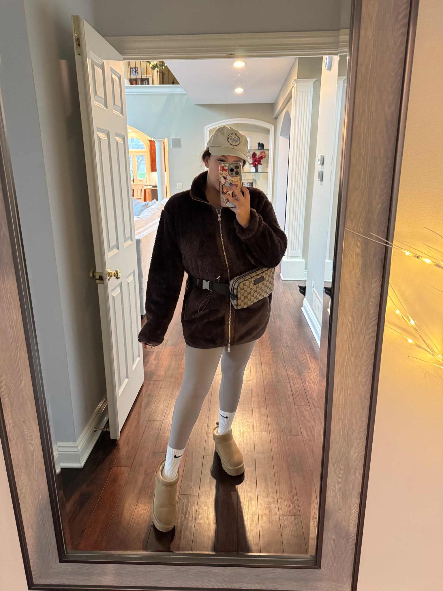 Cozy ootd! Love this long line, cinched waist fuzzy jacket. Paired with my activewear leggings, platform boots and every day gucci waist bag. 

#LTKmomlife #LTKCyberWeek