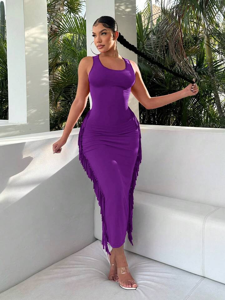 SHEIN SXY Vacation Style Side Tassel High Stretch Knit Dress Spring Women Clothes Beach Vacation ... | SHEIN