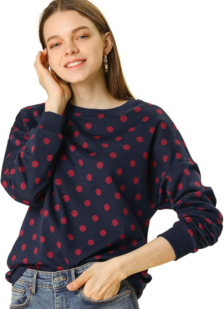 Allegra K Women's Winter Fall Casual Pullover Crewneck Long Sleeve Polka Dots Sweatshirt Sweater | Amazon (US)