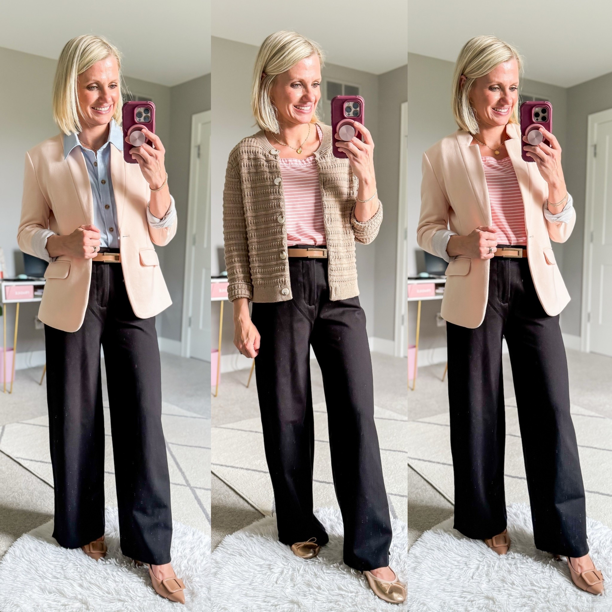 Teacher outfit ideas with trouser pants! Pants- 0/petite || chambray shirt- small || blazer- xsmall || cardigan- small || pink top- smalll

#LTKSeasonal #LTKWorkwear #LTKStyleTip
