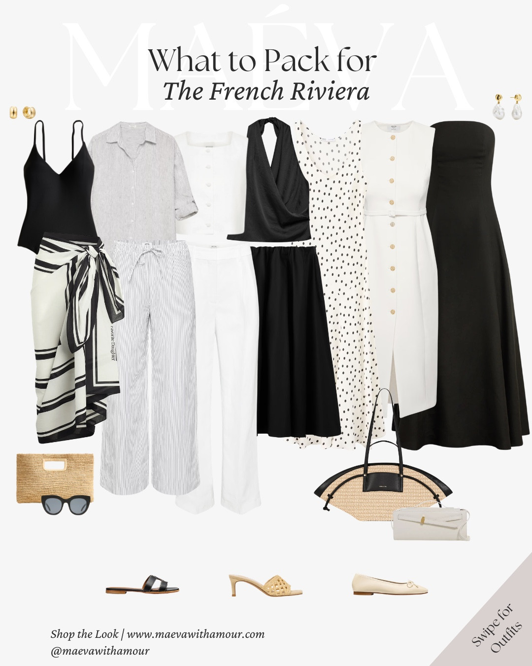 What to Pack for the French Riviera 🧳 featuring 16 summer looks

The French Riviera has always felt like the definition of effortless elegance to me, from slow mornings by the water, to long seaside lunches, late afternoon strolls through coastal towns, and dinners that stretch into the evening 🌊 I loved putting together this capsule, inspired by that relaxed yet refined way of dressing that feels so natural along the Riviera

For this edit, I focused on a timeless, monochrome palette, crisp whites, classic black, and clean silhouettes that feel elevated yet easy to wear 🤍 Pieces that transition seamlessly from day to evening, and that can be styled in multiple ways throughout a trip

Even if travel isn’t currently planned, these outfit formulas can serve as inspiration for building a refined, versatile summer wardrobe you can wear again and again

Packing notes for the French Riviera:
* build around a timeless, cohesive palette
* prioritize lightweight fabrics that still feel structured and elevated
* choose comfortable shoes for walking through coastal towns
* focus on pieces that transition easily from day to evening
* keep accessories minimal and intentional
* add a light layer for cooler evenings by the water

🤍 Love this capsule? Comment SHOP to receive the link, or head to the link in bio to explore the full edit and more

🧳 I’ve also shared the full packing guide and personal notes for the French Riviera over on maevawithamour.com

👉 Save and follow along for more French-inspired style, thoughtful edits, and wardrobe ideas designed to elevate your everyday

With Amour, M.

#LTKSwim #LTKSeasonal #LTKTravel