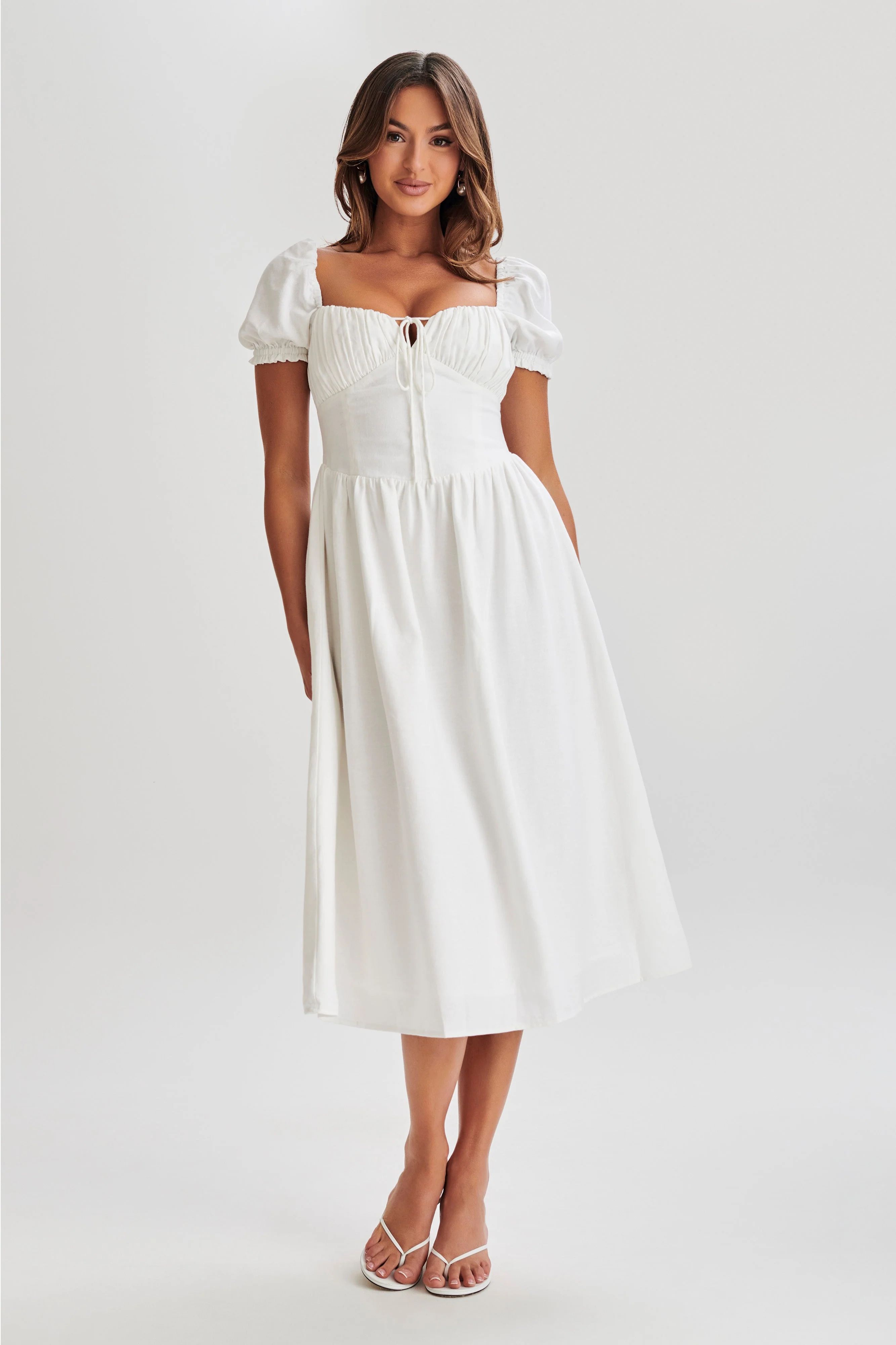 Rosalind Puff Sleeve Midi Dress - White | MESHKI US
