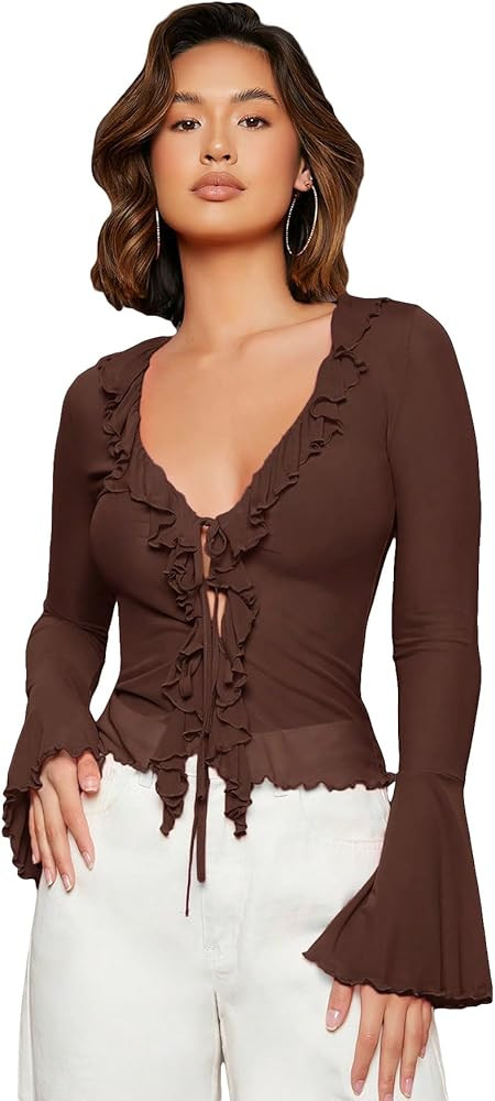 GORGLITTER Women's Sheer Mesh Tops Long Bell Sleeve Tie Front Vintage Ruffle Blouse Shirt | Amazon (US)