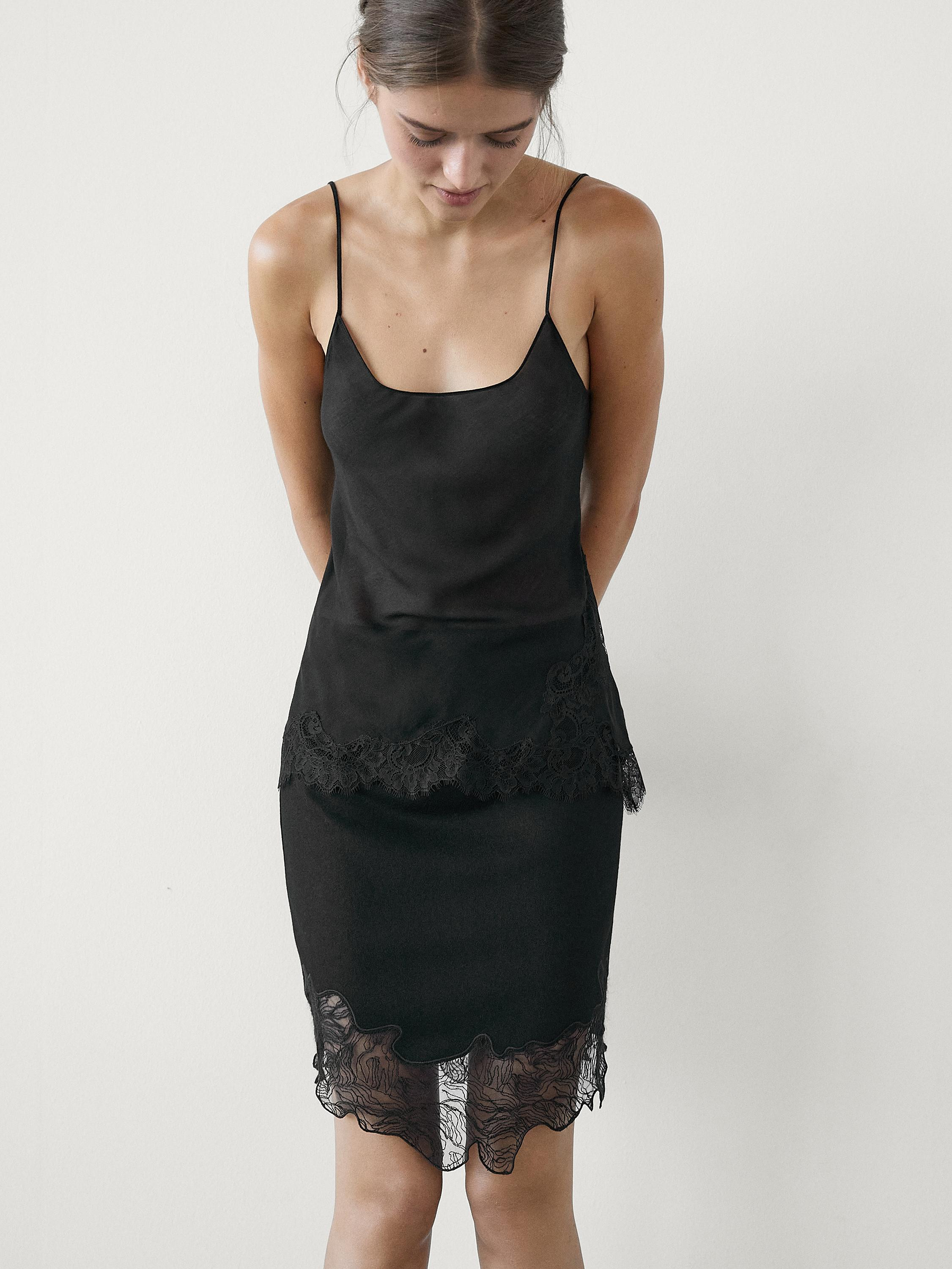 Short asymmetric lace-trimmed skirt | Massimo Dutti UK