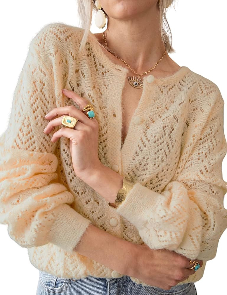Womens Lightweight Crochet Cardigan Long Sleeve Fancy Openwork Knit Sweater Reversible Jumper | Amazon (US)