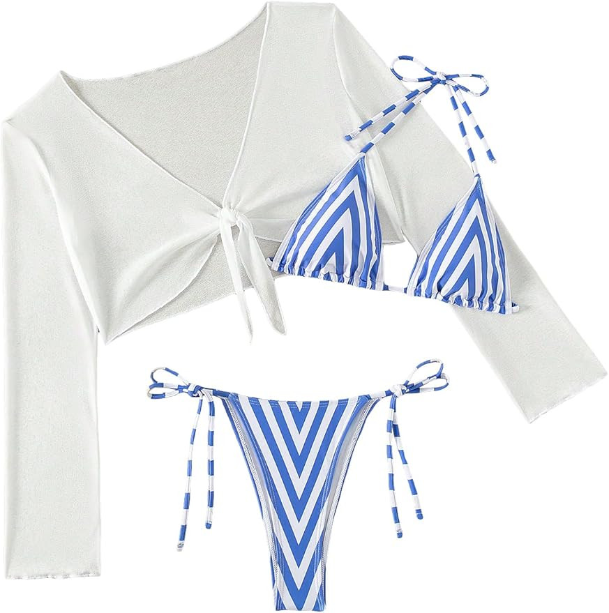 OYOANGLE Women's 3 Pieces Swimsuits Striped Print Sleeveless Triangle Halter Tie Side Bikini Sets... | Amazon (US)