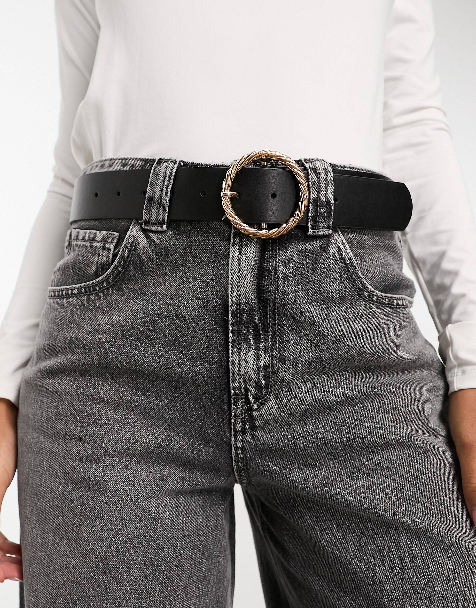ASOS DESIGN gold twist buckle waist and hip jeans belt in black | ASOS (Global)