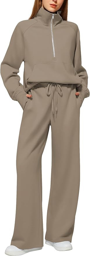 Women's 2 Piece Outfits Lounge Set 2025 Oversized Half Zip Sweatshirt Wide Leg Sweatpant Set Swea... | Amazon (US)