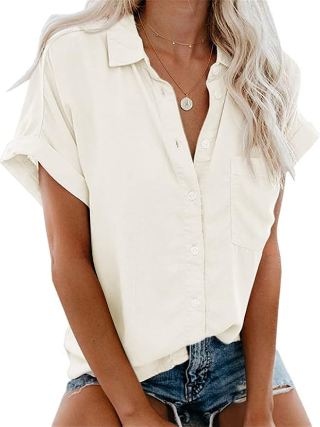 APRAW Womens Casual Short Sleeve Button Down Shirts Summer Cotton Plain Top Blouses with Pockets | Amazon (US)