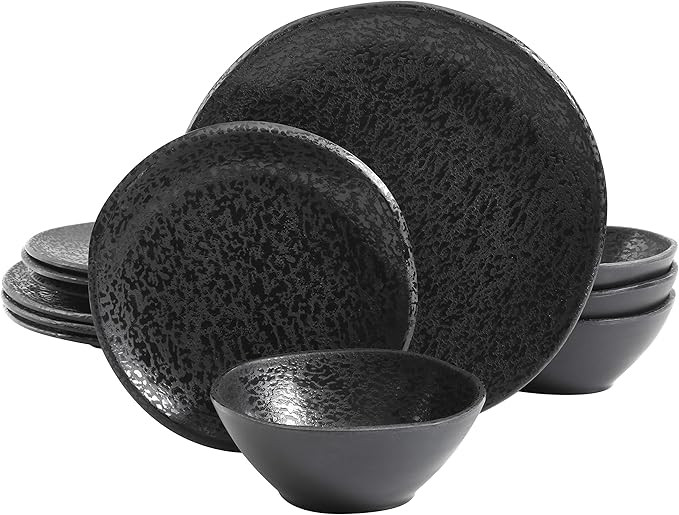 Gibson Home Yoko Round Melamine Plastic Dinnerware Set, Service for Four (12pcs), Matte Black | Amazon (US)