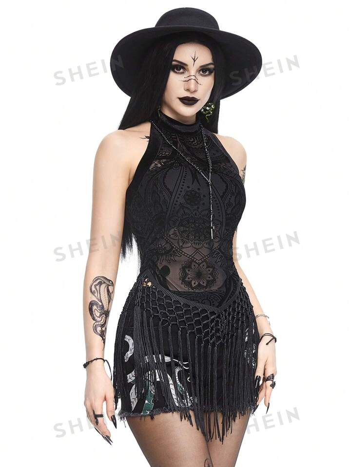 ROMWE Goth Women's Sexy Vacation Style Vintage Floral Flocking Tassel Tank Top | SHEIN