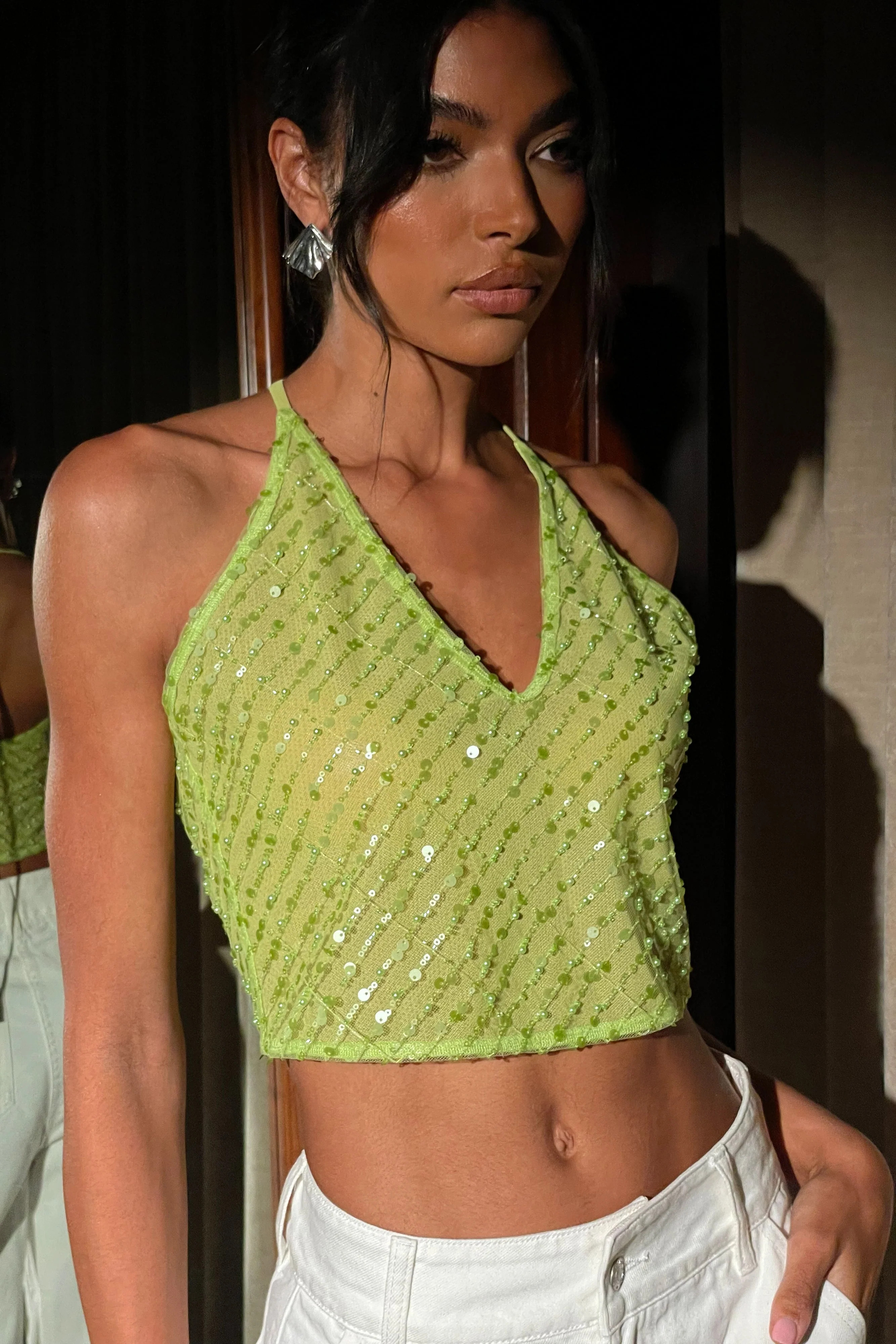Brielle Sequin Halter Top - Parakeet Green | MESHKI US