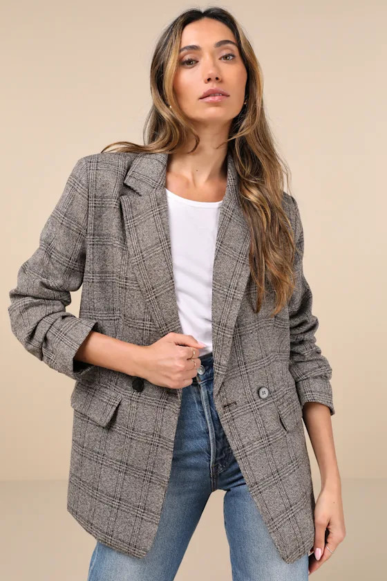 Seasoned Chicness Brown Plaid Tweed Oversized Blazer | Lulus