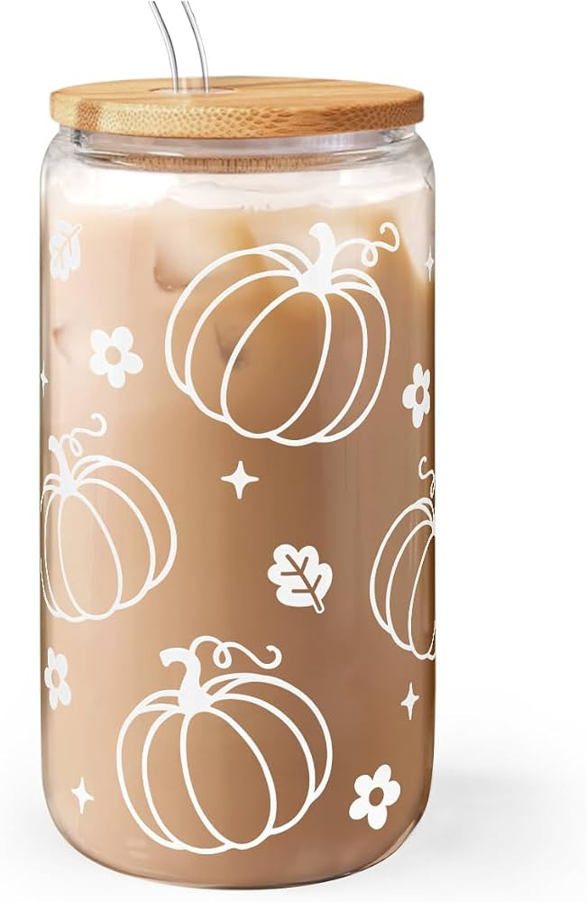 SANDJEST Pumpkin 16oz Can Glass Tumbler with Acrylic Lid & Straw, Iced Coffee Cup for Women Girls... | Amazon (US)