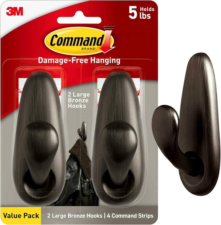 Command 5 lb Large Oil Rubbed Bronze Metal Hooks, 2 Coat Hooks and 4 Strips, Damage-Free Hanging ... | Amazon (US)