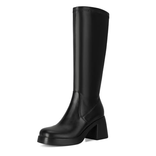 Dsevht Black Knee High Boots for Women Platform Chunky Block Heeled Boots Round Toe Fashion Dress Boots | Amazon (US)